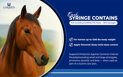 Ivermectin Horse Paste Apples Flavored, 6.08 g 1.87% (3-Pack) - Horse Dewormer Oral Equine Wormer for Horses - Includes 3 Syringes with Adjustable Dosage Control