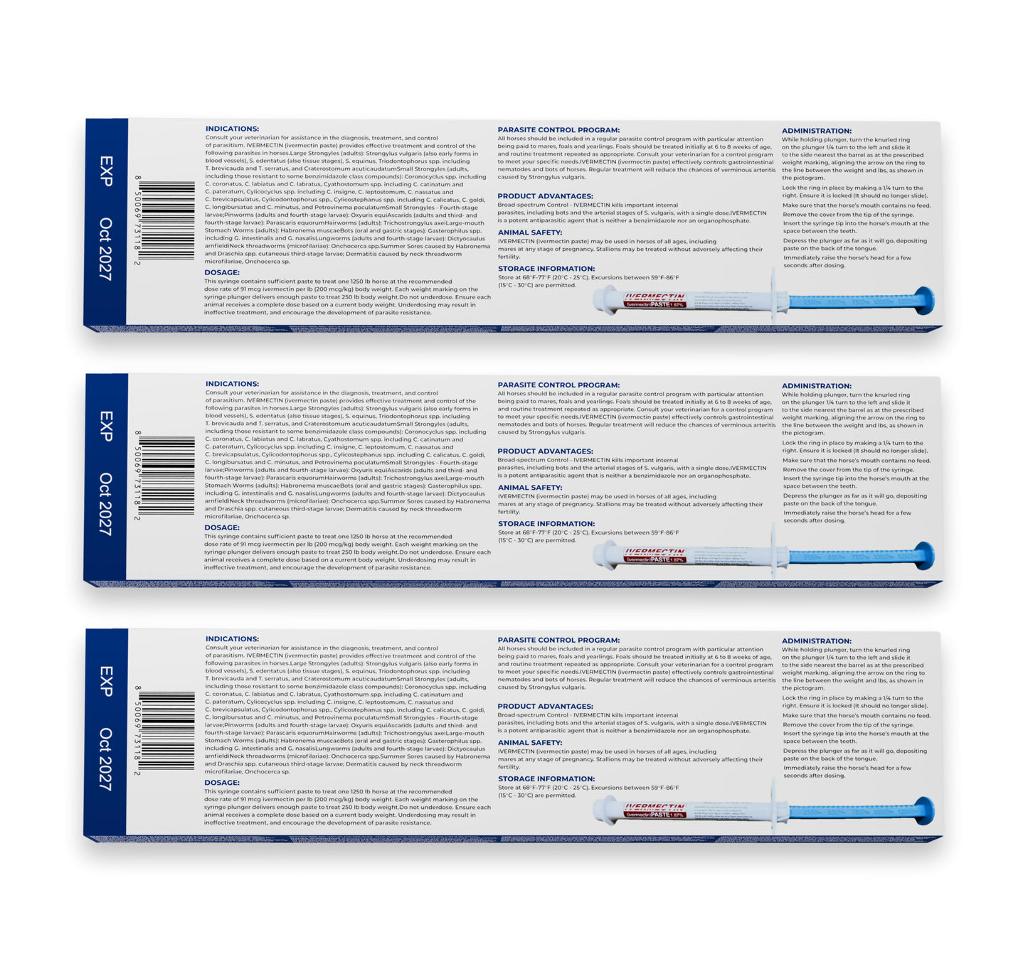Ivermectin Horse Paste Apples Flavored, 6.08 g 1.87% (3-Pack) - Horse Dewormer Oral Equine Wormer for Horses - Includes 3 Syringes with Adjustable Dosage Control